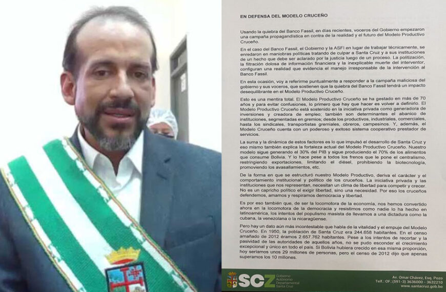 Gobernador de Santa Cruz, a través de una carta, acusa al Gobierno y a la ASFI de utilizar la quiebra del ex Banco Fassil en contra del modelo cruceño