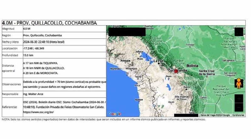 Observatorio San Calixto registró un sismo de magnitud 4.0 en…