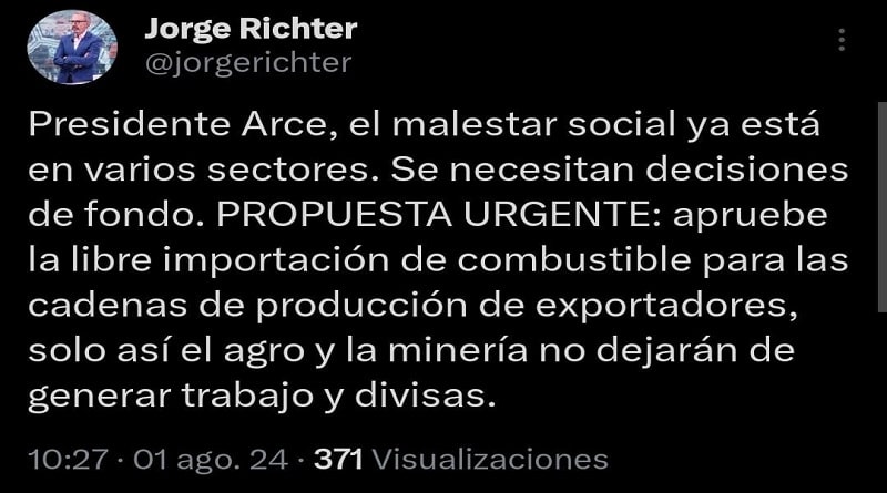 Exvocero Jorge Richter sugiere aprobar la libre importación de combustible
