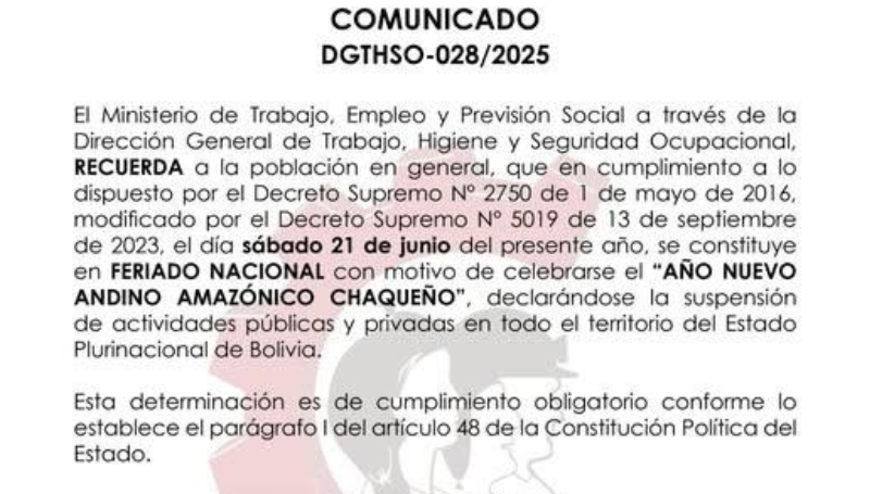 El 21 de junio es Feriado Nacional por el Año…