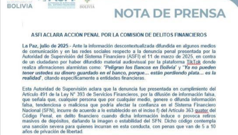 ASFI RESPONDE A POLÉMICA POR TIKTOKER DETENIDO