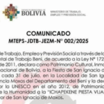 Declaran tolerancia laboral por la Fiesta Mayor de San Ignacio de Moxos
