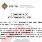 Ministerio de Trabajo declara feriado departamental en Santa Cruz este 24 de septiembre
