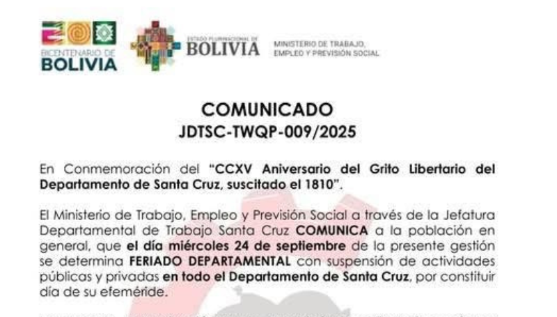 Ministerio de Trabajo declara feriado departamental en Santa Cruz este…