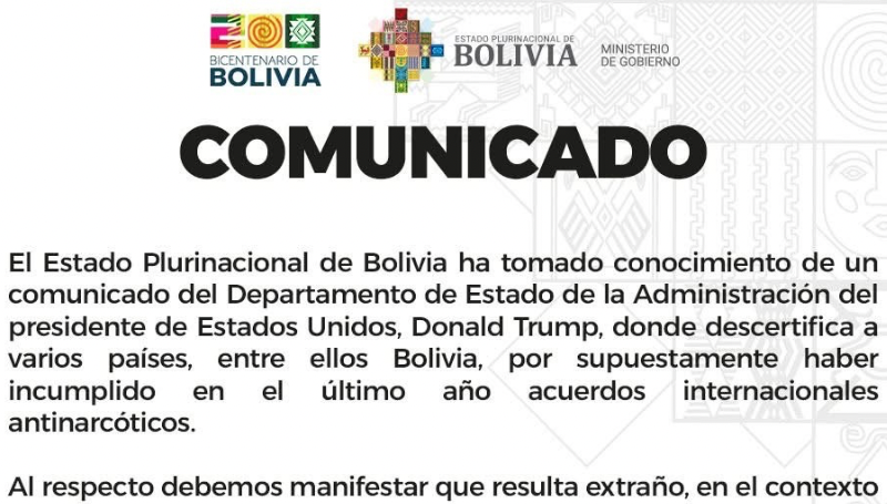 Gobierno responde a EE.UU.: “El narcotráfico es un problema mundial…