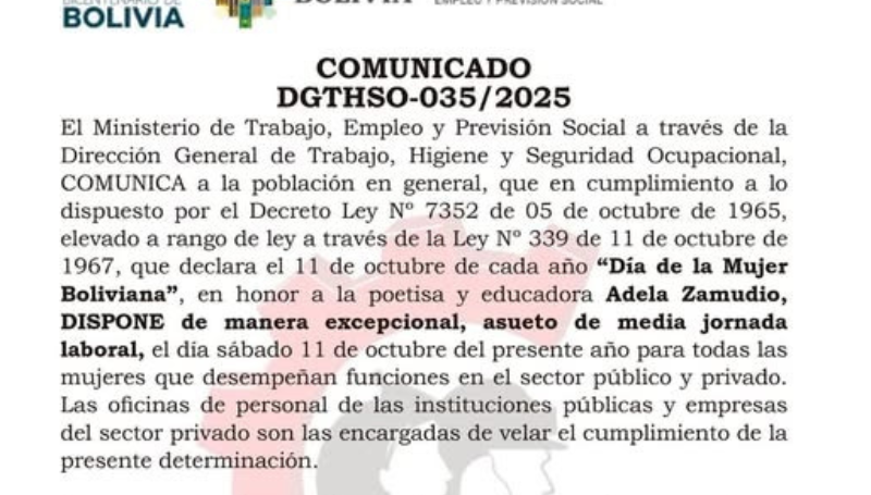 Asueto de media jornada para mujeres por el Día de…