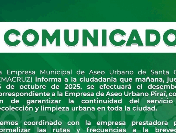 Emacruz confirma pago a empresa Piraí para evitar paro del servicio de aseo urbano