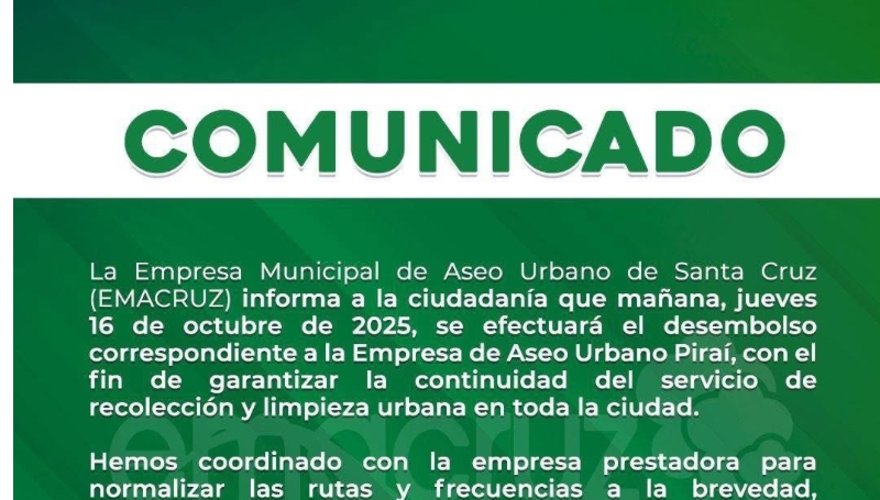 Emacruz confirma pago a empresa Piraí para evitar paro del…
