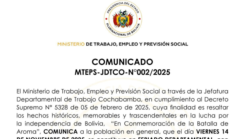 Ministerio de Trabajo confirma feriado este viernes 14 de noviembre