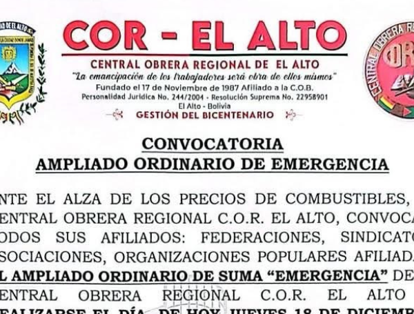 COR de El Alto convoca ampliado de emergencia por alza de combustibles y advierte medidas ante el “gasolinazo nacional”