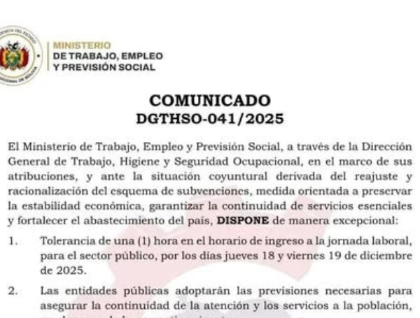 Gobierno dispone tolerancia laboral de una hora para el sector público este jueves y viernes