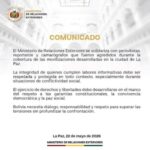 Cancillería expresa solidaridad con periodistas agredidos en las movilizaciones en La Paz