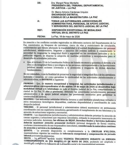 Tribunal de Justicia de La Paz dispone trabajo virtual por bloqueos y protestas