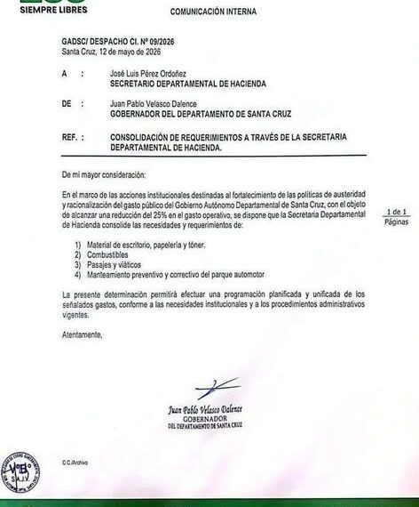 JP Velasco anuncia tres medidas de emergencia para reducir gastos en la Gobernación