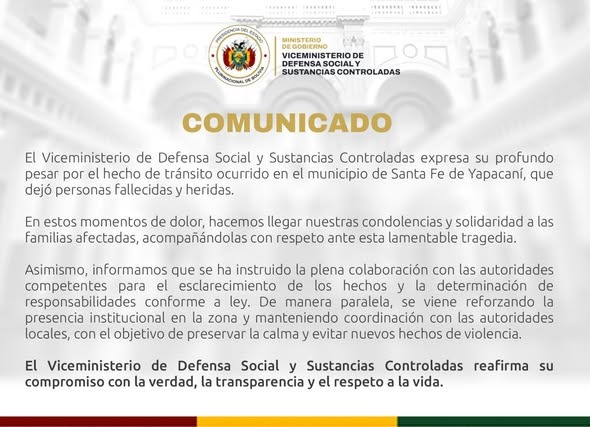 DEFENSA SOCIAL EXPRESA SOLIDARIDAD TRAS TRÁGICO ACCIDENTE EN YAPACANÍ