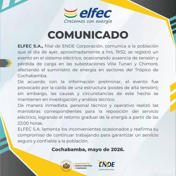 🚨 ELFEC ATRIBUYE EL APAGÓN EN EL TRÓPICO A LA CAÍDA DE UNA ESTRUCTURA ELÉCTRICA