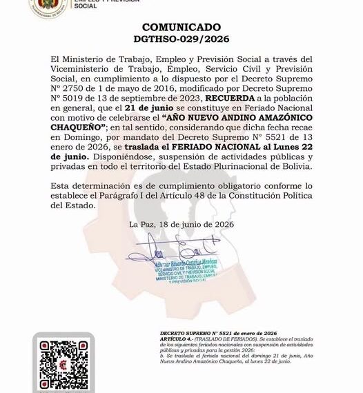 Gobierno confirma feriado del Año Nuevo Andino y traslada descanso…