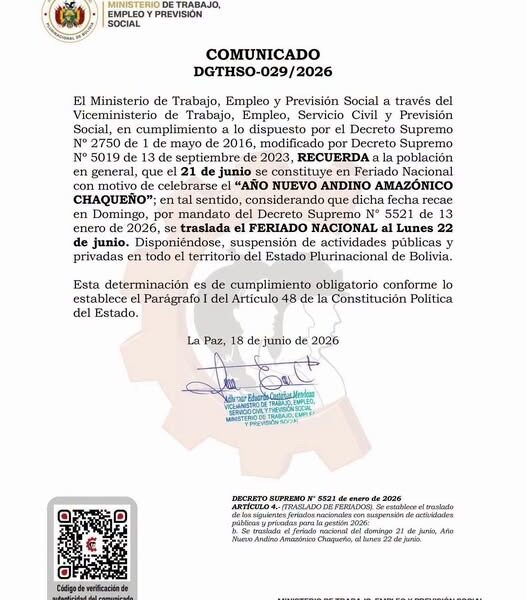 Gobierno confirma feriado del Año Nuevo Andino y traslada descanso al lunes 22 de junio