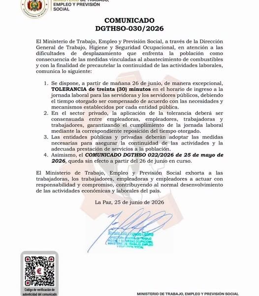 Gobierno dispone tolerancia laboral de 30 minutos por dificultades en el abastecimiento de combustibles