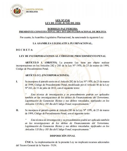 Ley 1741 entra en vigencia y amplía herramientas para investigar legitimación de ganancias ilícitas y financiamiento al terrorismo