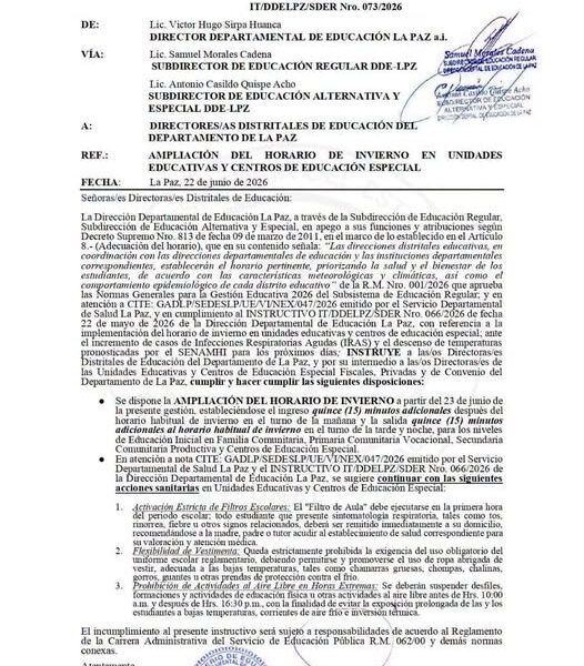 Amplían el horario de invierno en unidades educativas de La Paz por bajas temperaturas