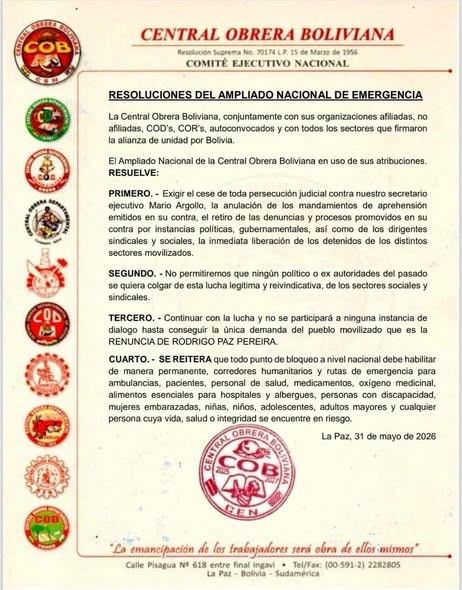 COB RATIFICA BLOQUEOS Y CONDICIONA CUALQUIER DIÁLOGO A LA RENUNCIA DE RODRIGO PAZ