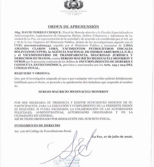 Fiscalía emite orden de aprehensión contra exministro Mauricio Medinacelli por investigación sobre combustible