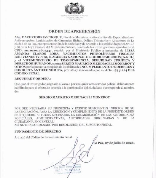 Fiscalía emite orden de aprehensión contra exministro Mauricio Medinacelli por investigación sobre combustible